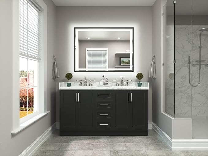 TETOTE 48 x 36 Bathroom LED Mirror Brushed Black Metal Frame Frontlit & Backlit Vanity Mirror Stepless Dimmable Anti-Fog 3 Colors White/Warm/Natural Light up Vanity Wall-Mounted