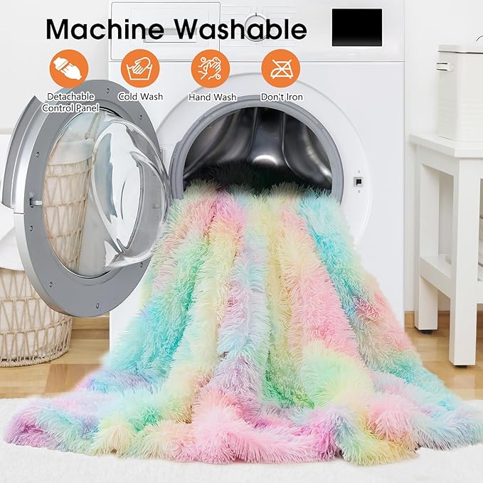 Heated Electric Blanket Queen,Warm Winter Birthday Gifts for Women Her Grandma–Faux Fur with Soft Sherpa,10 Heat Settings,5 Time Settings with Fast Heating, 84x90, Rainbow
