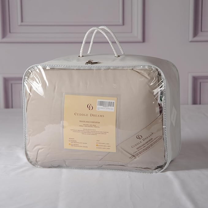 CUDDLE DREAMS Silk Filled Comforter for All Season, Detachable Tencel Duvet Cover for Easy Care, Naturally Breathable (Light Pewter, Queen)