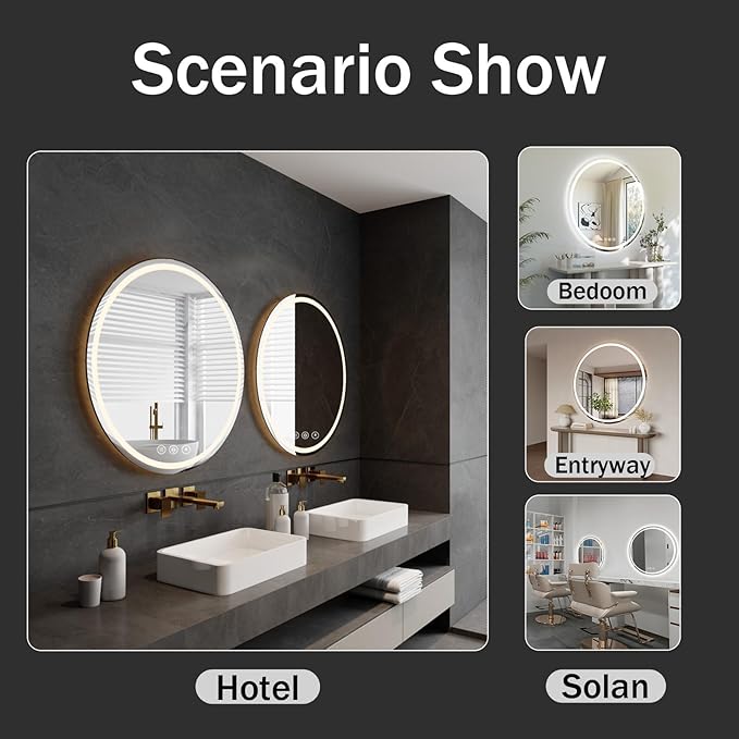 LED Bathroom Mirror 24 Inch Round Bathroom Mirror with Lights, Circle LED Mirror, Wall Mounted Lighted Bathroom with 3 Colors Brightness, Anti-Fog, Dimmable, Shatter-Proof