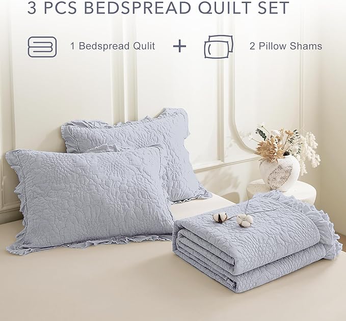 QSH 3PCs Stonewashed Cotton Quilt King (110"x98"), Cornflower Blue Ruffled Quilt King Size Bedding Set, Ultra Lightweight Soft Crinkled Bedspread Coverlet King Shabby Farmhouse Chic Bedding Set