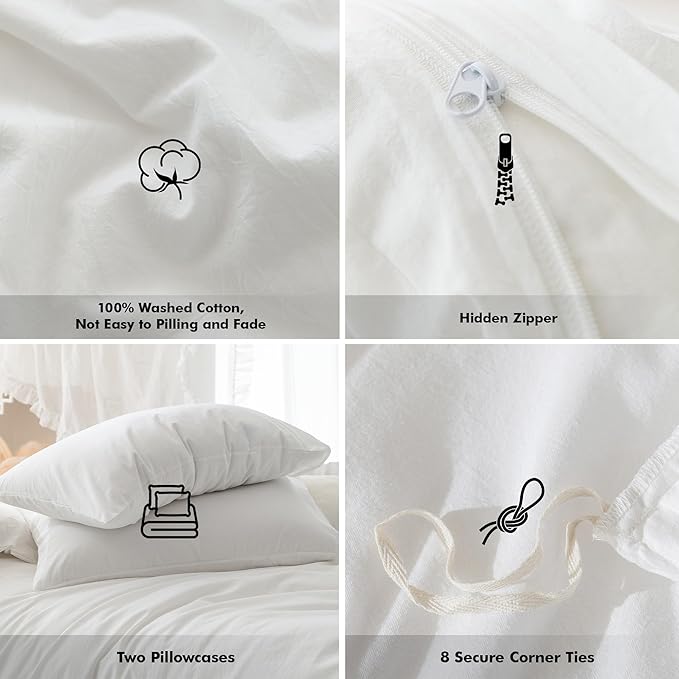 FOSSA Duvet Cover Set 100% Washed Cotton Linen Feel Super Soft Breathable Cozy 3 Pieces Bedding Sets Solid Off White California King