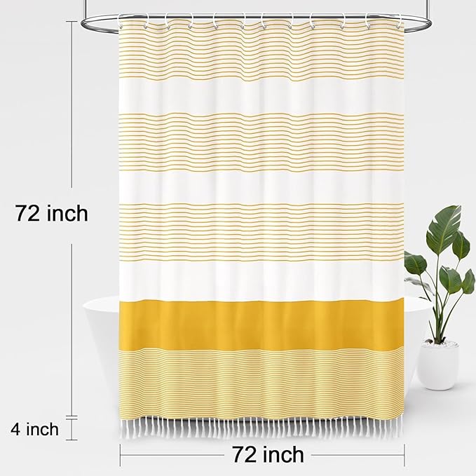 Awellife Boho Yellow Shower Curtain for Bathroom Stripe Tassel Shower Curtain 72 X 72 Inches Farmhouse Cotton