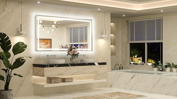 TETOTE 72 x 36 Large Bathroom Mirror Brushed Bright Nickel Metal Frame Frontlit & Backlit Vanity Mirror 3 Colors White/Warm/Natural Stepless Dimmable Anti-Fog Bathroom Mirrors for Vanity Wall-Mounted
