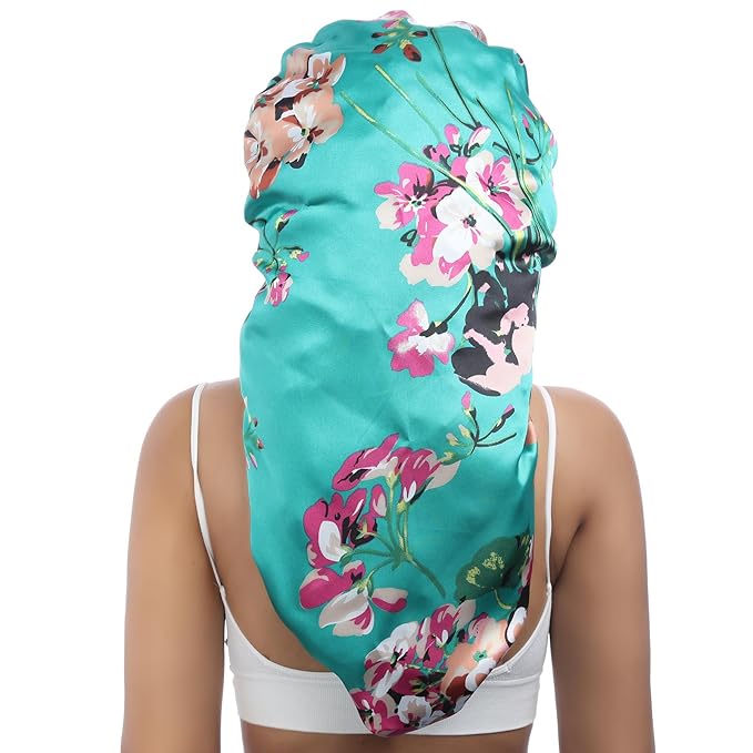 AWAYTR Long Satin Bonnet for Braids - Elastic Silk Hair Bonnets for Sleeping Night Cap Stretchy Tie Band for Women(Flower A)