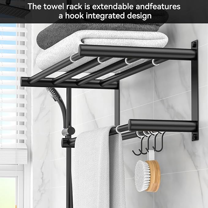 Black Adjustable Black Towel Bar for Bathroom Wall Mount17-30.7inch Adhesive Shower Towel Rack Stainless Steel Bath Towel Holders for Toilet Kitchen Double Towel Hanger