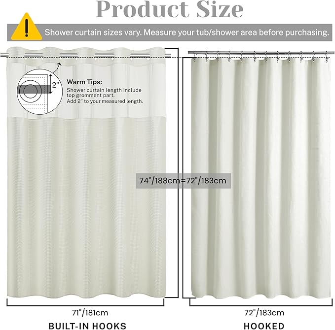No Hook Shower Curtain with Snap in Liner Set Waffle Shower Curtain for Bathroom Hotel Style Fabric Waterproof Inner Liner,71" W x 74" H, Ivory