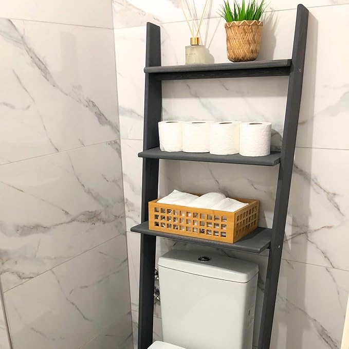 Over The Toilet Bathroom Organizer Shelves, 3-Tier Freestanding Above Toilet Storage Ladder Shelf, Standing Space Saver Behind Toilet Small Bathroom Organizer (Grey)