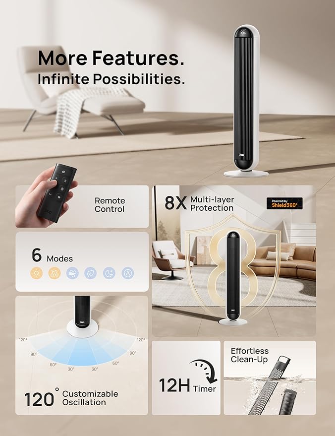 Dreo Tower Fan and Heater Combo, 29.2ft/s Standing Fans for Bedroom, 17 Levels, 6 Modes, 120° Oscillation, 42 Inch, 12H Timer, 25dB Quiet, with Remote, for Office, Large Room, White
