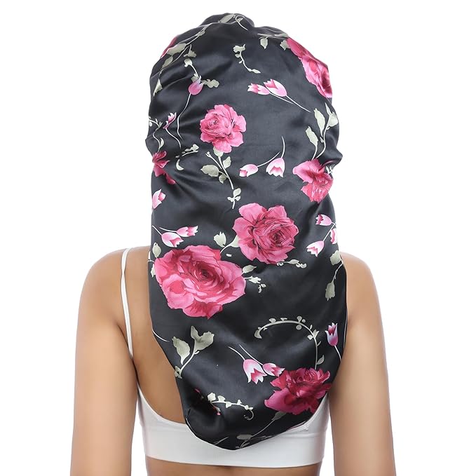 AWAYTR Long Satin Bonnet for Braids - Elastic Silk Hair Bonnets for Sleeping Night Cap Stretchy Tie Band for Women(Flower C)