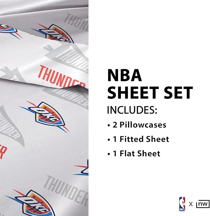 Northwest Officially Licensed Oklahoma City Thunder NBA Queen Size Sheet Set – Soft Team Logo Bedding for Dorms, Bedrooms, Fan Caves & Game Day Style