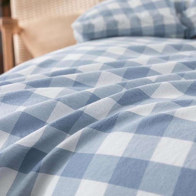 BESTOUCH Duvet Cover Set 100% Washed Cotton Linen Feel Super Soft Comfortable Chic Lightweight 3 PCs Home Bedding Set Cornflower Blue & White Grid King
