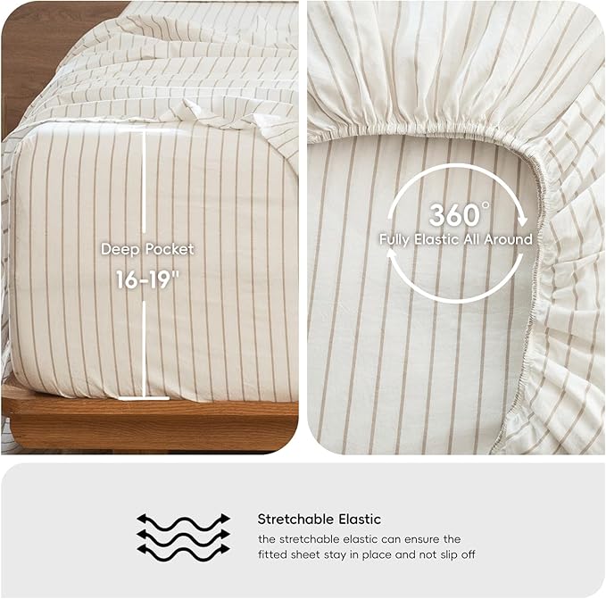 MooMee Striped Sheet Set 100% Washed Cotton Linen Like Textured Breathable Durable Soft Comfy (White Tannish Linen Grey Wide Stripes, Queen)