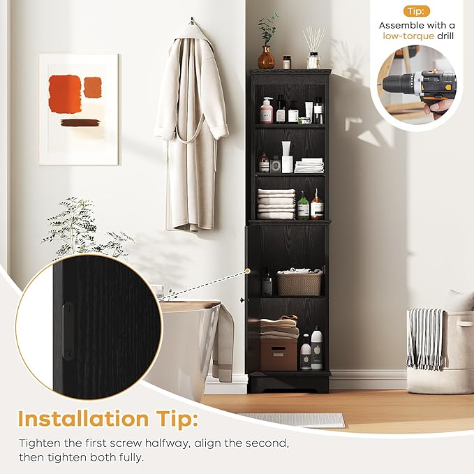 Tall Bathroom Storage Cabinet with Door and Open Adjustable Shelves, 60.9" H Wooden Tower Corner Narrow Farmhouse Cabinet, Freestanding Organizer for Kitchen, Entryway Black