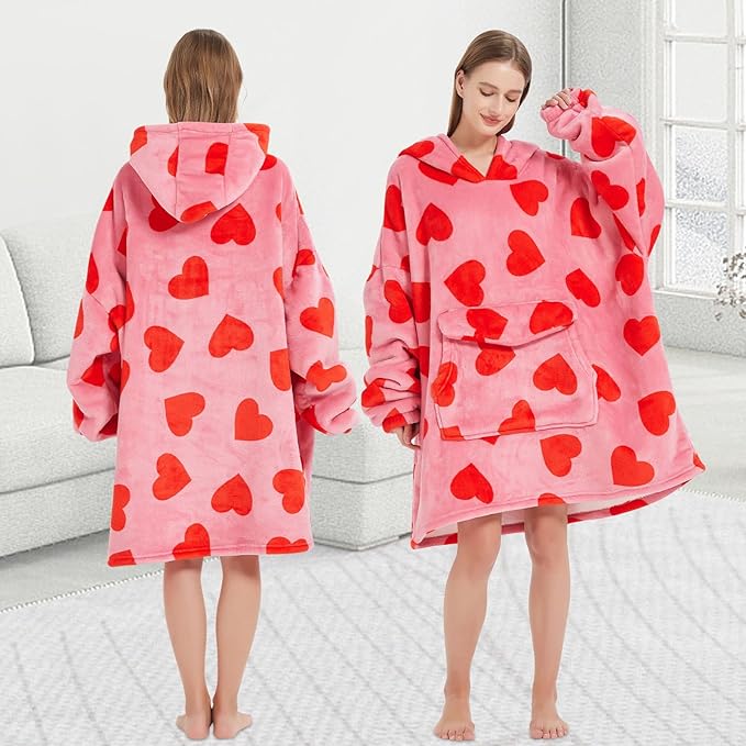 Wearable Blanket Hoodie for Adult,Oversized Sherpa Fleece Blanket Hoodie for Women Men,Heart