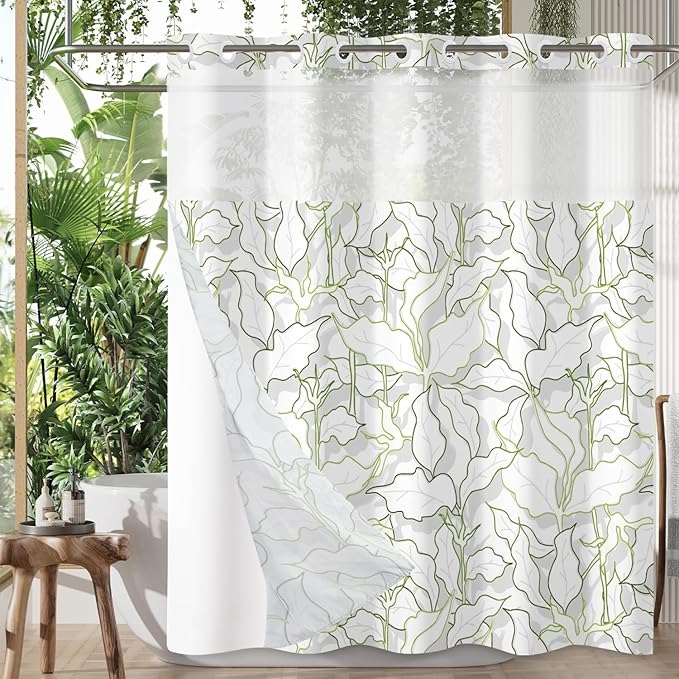 Leaves Shower Curtain No Hooks with Liner for Bathroom Decor,Green Leaves Line Shower Curtain with See Through Top Window,Modern Simple Art Hotel Style,Waterproof Washable,Easy to Install,71x74 Inch