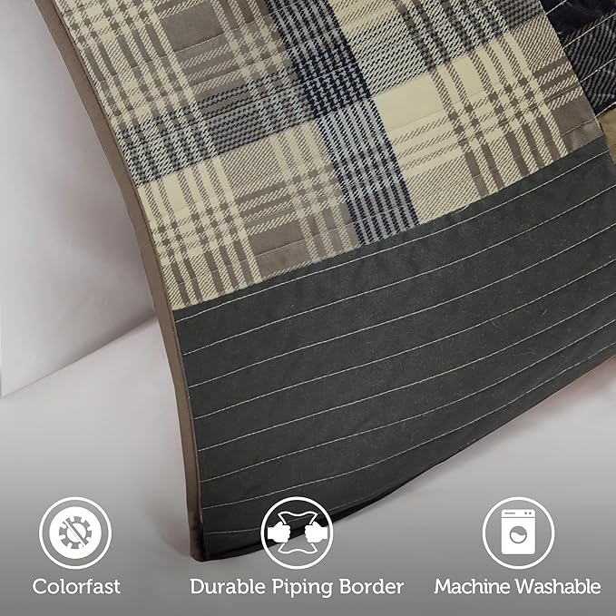 Woolrich Quilt Set Patchwork Channel Quilting, Cottege Coverlet for Twin Size Bed All Seasons, Lightweight Prewashed Cotton Coverlet Bedspread, Shams, Winter Hills, Oversized Twin/Twin XL Tan 2 Piece