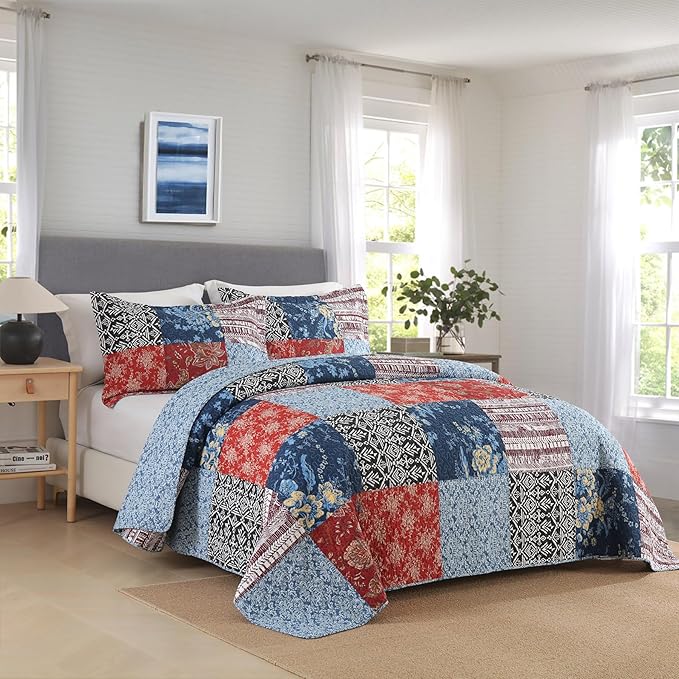 Secgo King Comforter Set for Bed - 100% Cotton Quilts Queen Size, Black Bedspreads (98 * 106 Inch) with 2 Pillow Shams, Patchwork Reversible Lightweight Bedding