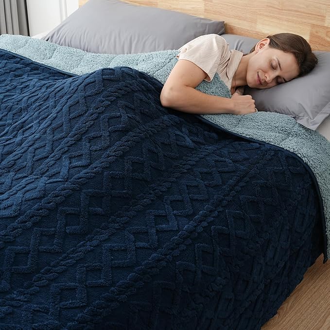 Sherpa Fleece Adult Weighted Blanket Great for Sleep, 20 lbs Dual Sided Soft Fuzzy Heavy Blankets for Couch Bed Sofa, Cozy Warm Fluffy Jacquard Throw for Winter (Navy Blue, 60" x 80", 20 Pounds)
