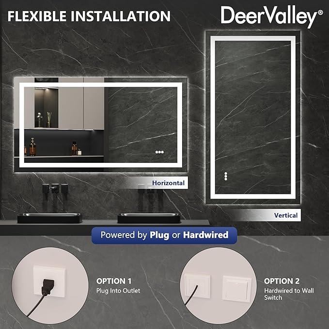 DeerValley LED Bathroom Mirror, 55" x 30" Front and Backlit Wall Mounted Bathroom Vanity Mirror, Anti-Fog, 3 Colors Dimmable, Shatterproof, Tempered Glass, Memory Function (Horizontal/Vertical)