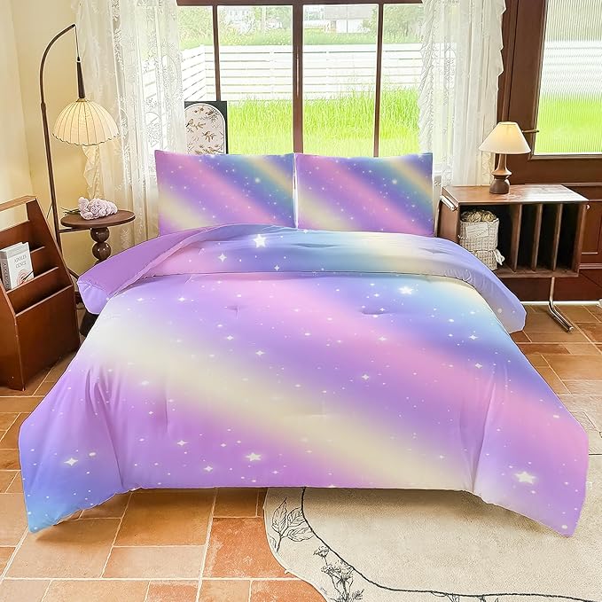 Girls Full Size Bedding Sets Rainbow Bedding โ 5 Piece Comforter Set Full, Gradient and Colorful Galaxy Comforter for All-Season โ Machine Washable, Durable โ Gift Idea for Boys and Girls Room
