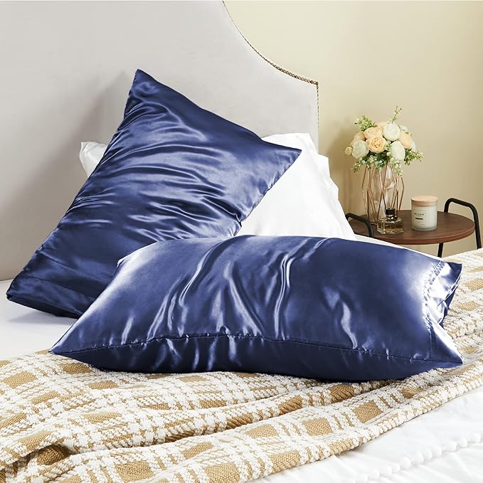 BEDELITE Satin Pillowcase for Hair and Skin, Super Soft and Cooling Similar to Silk Pillow Cases 2 Pack with Envelope Closure, Gift for Women Men(13"x18" Toddler Size, Navy)