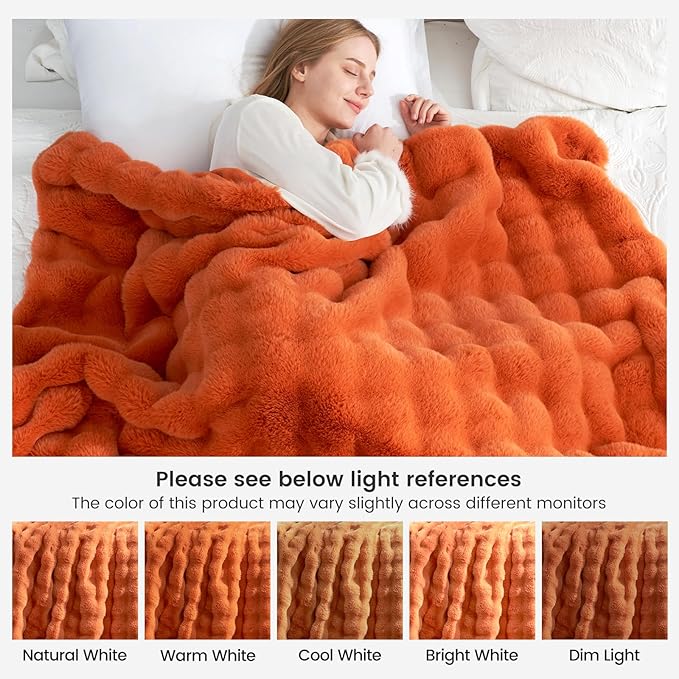 Cozy Bliss Faux Fur Throw Blanket for Couch, Bubble Plush Blanket King Size, Fuzzy Soft & Thick Blanket for Fall Bed Sofa Living Room, 108x90 Inches Halloween Burnt Orange