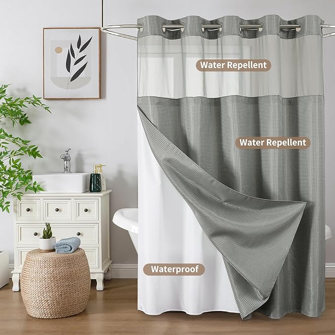 Colorful Star No Hook Shower Curtain with Snap in Fabric Liner, Waffle Weave Heavy Duty Thick Shower Curtains with Mesh Top Window, Hotel Style Waterproof Bathroom Curtain Set, 72 x 87 Inch, Grey