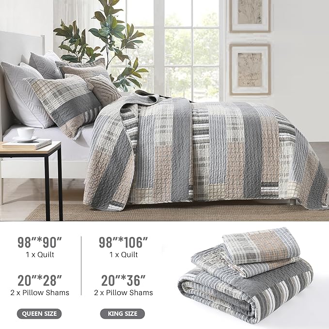 Farmhouse Queen Quilt Set - 100% Cotton Patchwork Striped Plaid Queen Size Quilt Bedspread, Grey Brown Beige Lightweight Reversible Coverlet Bedding Set with 2 Pillow Shams, All Season-98x90