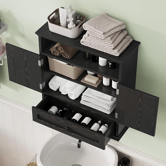 Bathroom Wall Cabinet, Wall Mounted Medicine Cabinet with Drawer, Barn Door & Adjustable Shelf, 24.4"H x 23.6"W x 9"D Black Over Toilet Farmhouse Storage Cabinet for Kitchen, Laundry, Entryway