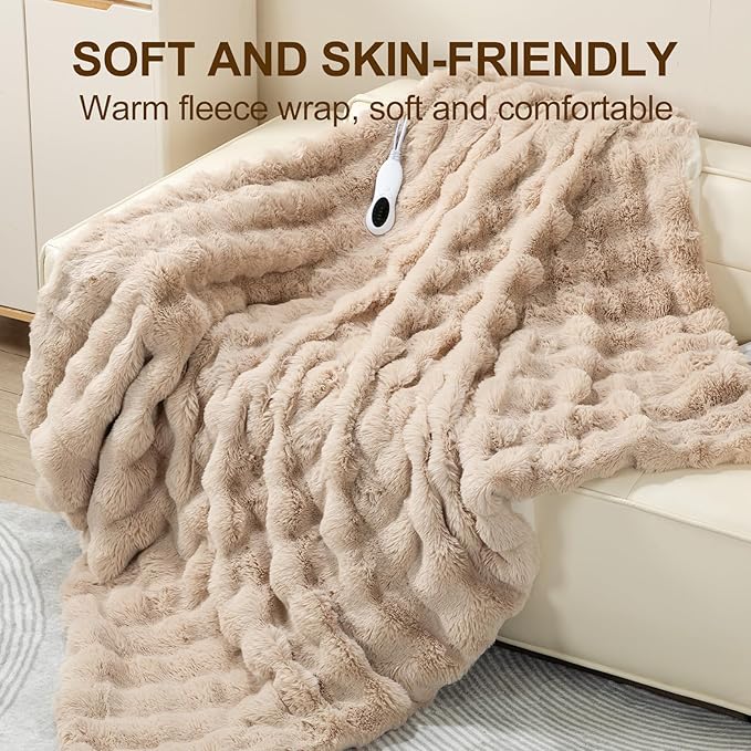 Faux Rabbit Fur Electric Blanket Throw 51"x63" – Heated Blanket with 5 Heat Levels 86°F–158°F, Digital Display & 2/4/8H Timer, Fast Heating, Machine Washable Bubble Plush Crystal Velvet Heating Throw