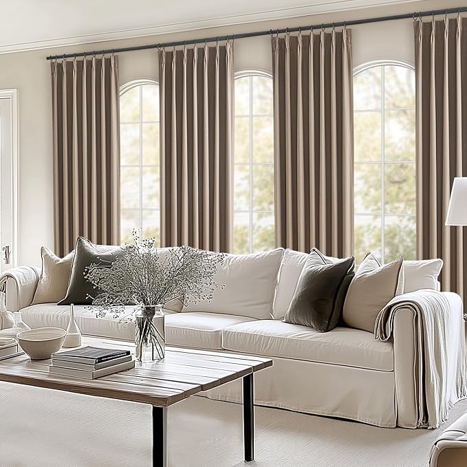 Topfinel 94 Inches Long Taupe Flax Custom Blackout Linen Curtains, Viral Ivory Pinch Pleated Noise Cancelling Curtains with Pin Hooks for Traverse, Burlap Viral Drapes 2 Panels for Living Room