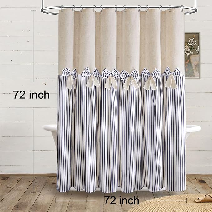 Farmhouse Shower Curtain Linen Bow Woven Fabric Country Rustic Western, Pleated Grey Stripe 72" W x 84" L