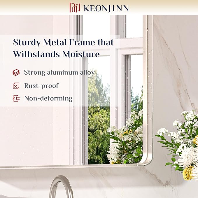 Keonjinn 40 x 24 Inch Brushed Nickel Bathroom Mirrors for Over Sink, Rounded Rectangle Silver Bathroom Vanity Mirror, Farmhouse Mirror for Wall, HD Tempered Glass, Anti-Rust Aluminum Alloy Mirror