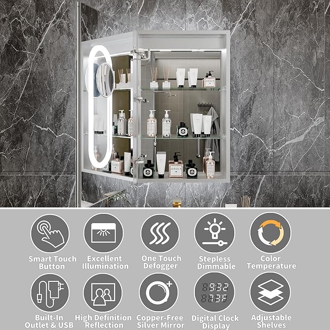 Lighted Medicine Cabinet with Mirror 20"x32" Recessed LED Medicine Cabinet Mirror, Front&Backlit, 3-Color Temperatures,Stepless Dimming, Anti-Fog, Magnifier, 2 Outlets, Storage Shelves, Left Hinge