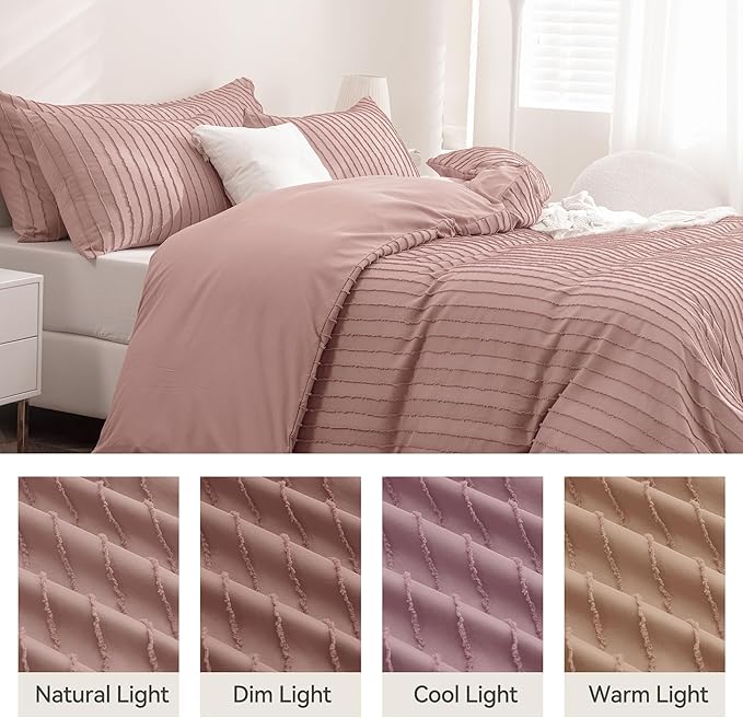 JELLYMONI Duvet Cover Queen Size Smokey Pink - 3PCS Boho Striped Duvet Cover Set Polyester Tufted Bohemian Textured Comforter Cover 90×90in with Corner Ties & Zipper and 2 Pillowcases