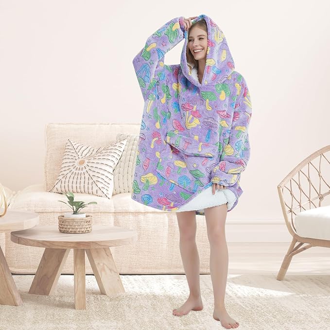 Glow in The Dark Mushroom Wearable Blanket Hoodie for Adult,Oversized Sherpa Fleece Blanket Hoodie for Women Men,Mushroom