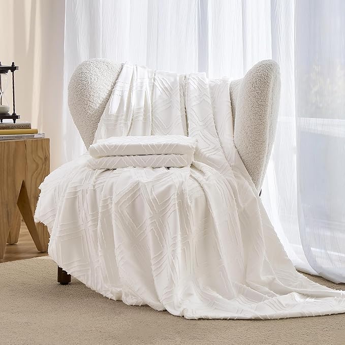 JELLYMONI Duvet Cover Queen Size White - 3PCS Boho Duvet Cover Set Plaid Polyester Tufted Bohemian Jacquard Knit Textured Comforter Cover 90×90in Rhombic Geometric Pattern Zipper Corner Tie