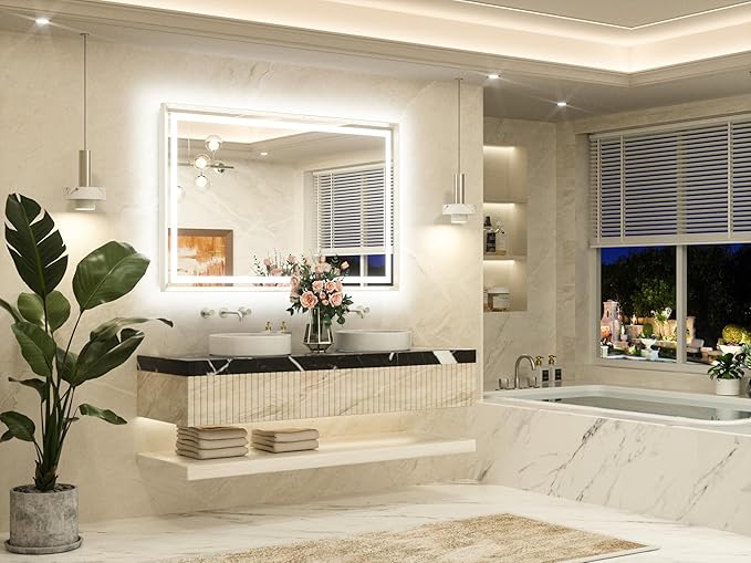 TETOTE 55 x 36 Bathroom LED Mirror Brushed Nickel Metal Frame Frontlit & Backlit Vanity Mirror Stepless Dimmable Anti-Fog 3 Colors White/Warm/Natural Light up Vanity Wall-Mounted