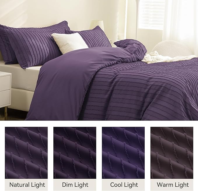 JELLYMONI Duvet Cover Queen Size Purple - 3PCS Boho Striped Duvet Cover Set Polyester Tufted Bohemian Textured Comforter Cover 90×90in with Corner Ties & Zipper and 2 Pillowcases