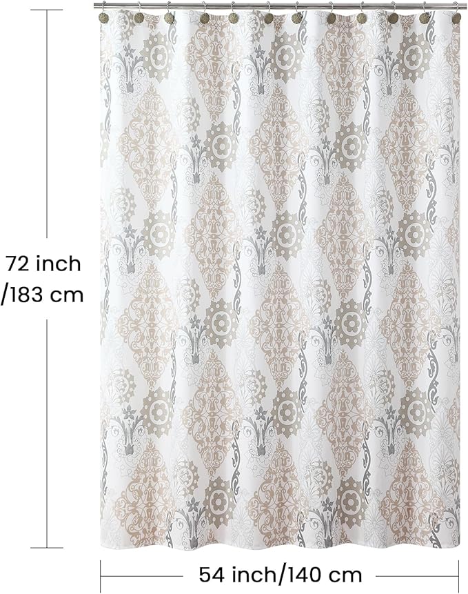 Stall Fabric Shower Curtain, White and Beige Boho Damask Print Shower Curtains for Bathroom, 54" W x 72" H