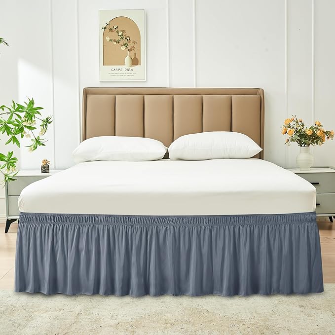 Biscaynebay Wrap Around Bed Skirts for King & Cal King Beds 22" Long Drop, Dark Grey Adjustable Elastic Dust Ruffles Easy Fit Wrinkle Resistant Silky Luxurious Fabric Machine Washable