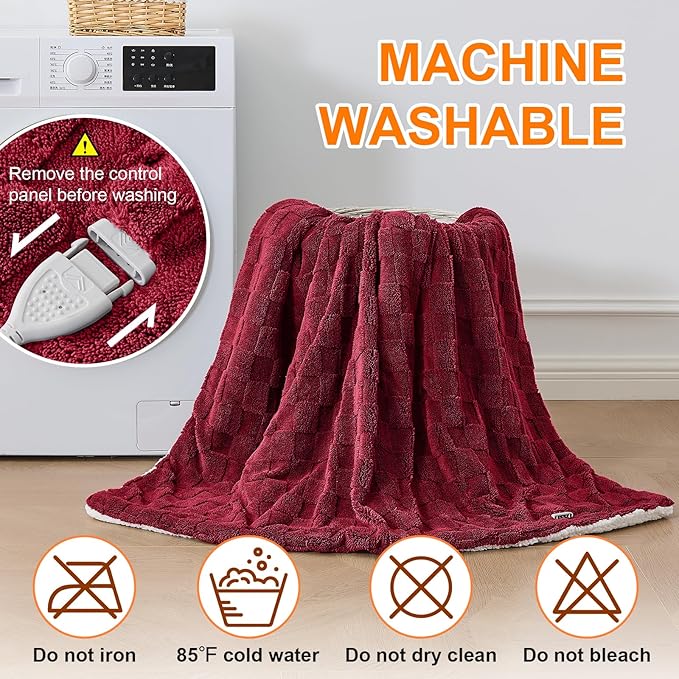 Electric Heated Blanket Queen Size Dual Control - Jacquard Checkered Sherpa 84"x90" Fast Heating Bed Blankets with 6 Heating Levels & 10 Hours Auto Off, Over-Heat Protection ETL, Red