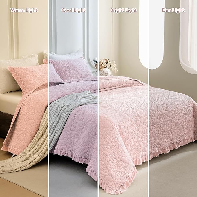 QSH 3PCs Stonewashed Cotton Quilt King (110"x98"), Blush Ruffled Quilt King Size Bedding Set,Ultra Lightweight Soft Crinkled Bedspread Coverlet King Shabby Farmhouse Chic Bedding for All Seasons
