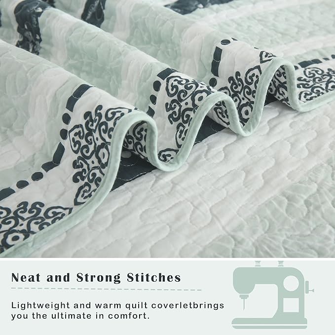 Green Quilt King Size, Cotton King Size Comforter Set, Striped Pattern Bedding, Green King Bedspread, Lightweight Reversible Coverlet All Season