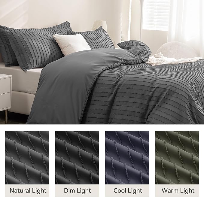 JELLYMONI Duvet Cover Queen Size Dark Grey - 3PCS Boho Striped Duvet Cover Set Polyester Tufted Bohemian Textured Comforter Cover 90×90in with Corner Ties & Zipper and 2 Pillowcases