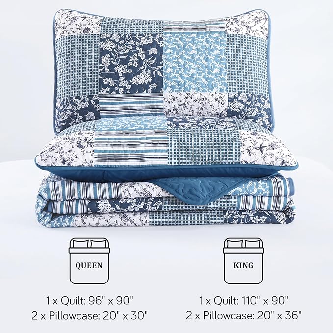 Mybedsoul Navy Blue Quilt Set Queen Size, 3 Pieces Plaid Floral Bedspread Set Patchwork Reversible Bedding Set Microfiber Lightweight Bedspread Coverlet Set for All Season 96"x90"