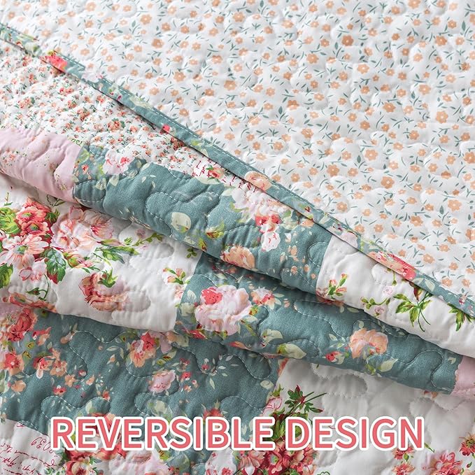 BEDIFANY French Style Queen Size Quilt Set for Farmhouse - 3 Pieces Cotton Filling Garden Lightweight Bedspreads Queen with Floral Pattern - All Season Quilt Bedding Sets for Decorations