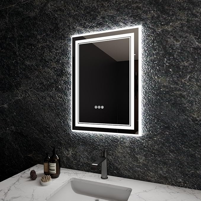 Bathroom Mirror with Lights 20"X28" with Front Light and Backlit, Tempered Glass, Wall Mount Horizontal/Vertical, Stepless Dimmable, 3 Colors, Anti Fog, Bathroom Memory LED Mirror