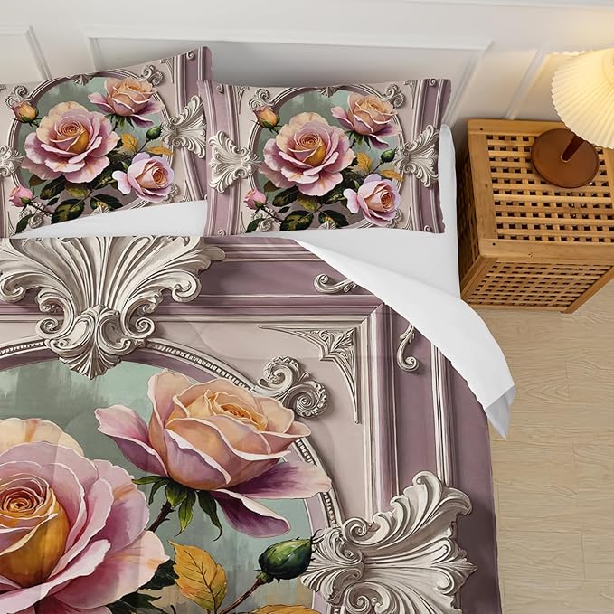 Pink and White Flower Full Size Comforter Set,Flower Bed Bedding for Kids Full Size